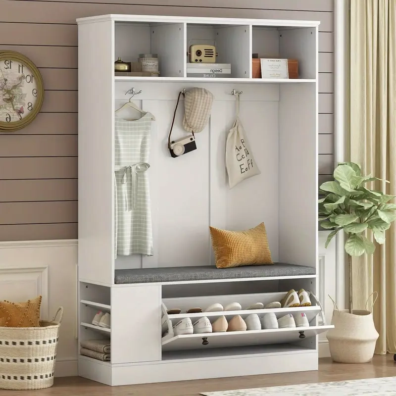 Entryway Storage Bench With Coat Rack